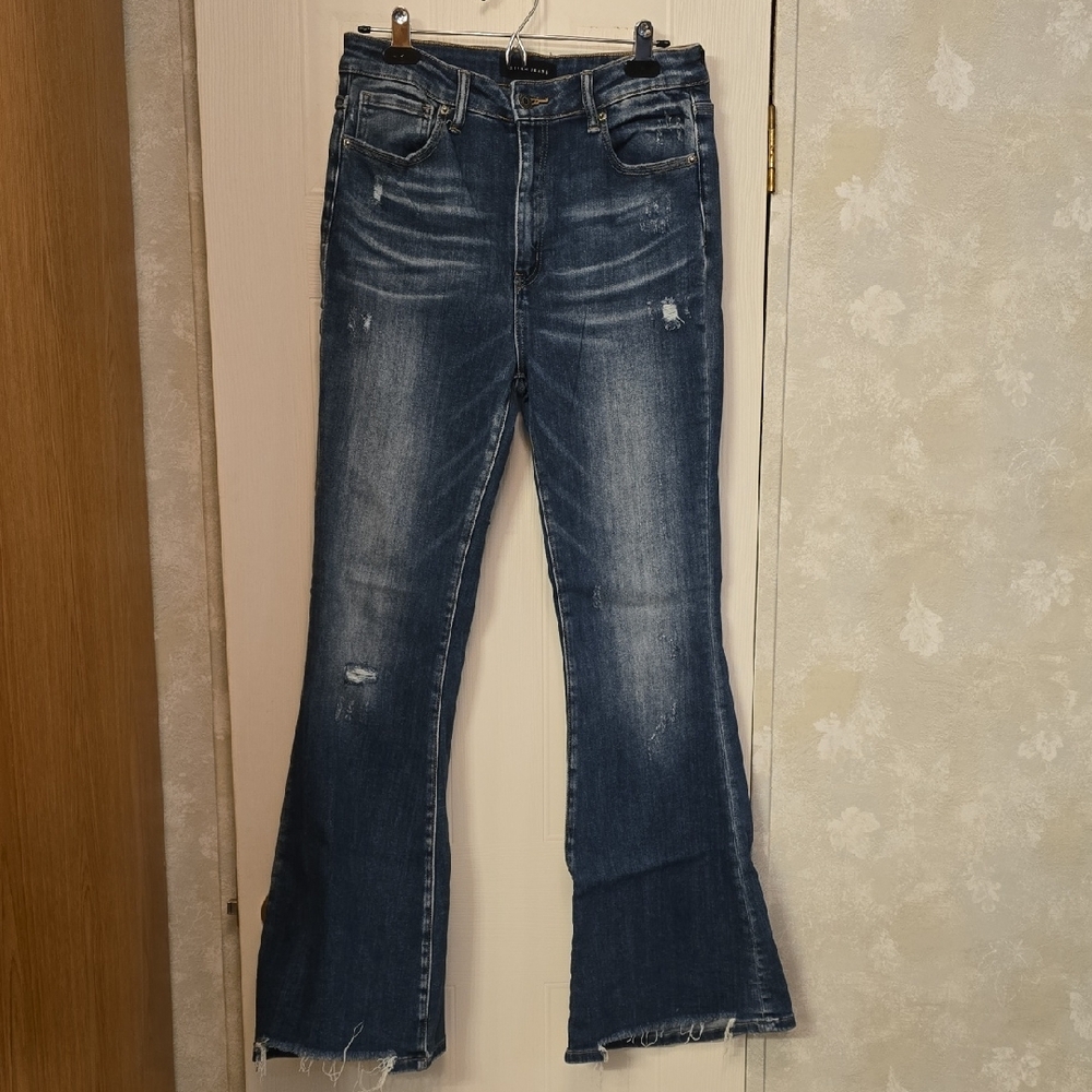 Risen Blue Flare Wide Leg Jeans with Distressed Details - Size 11/30